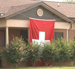 Swiss flag on front of lodge